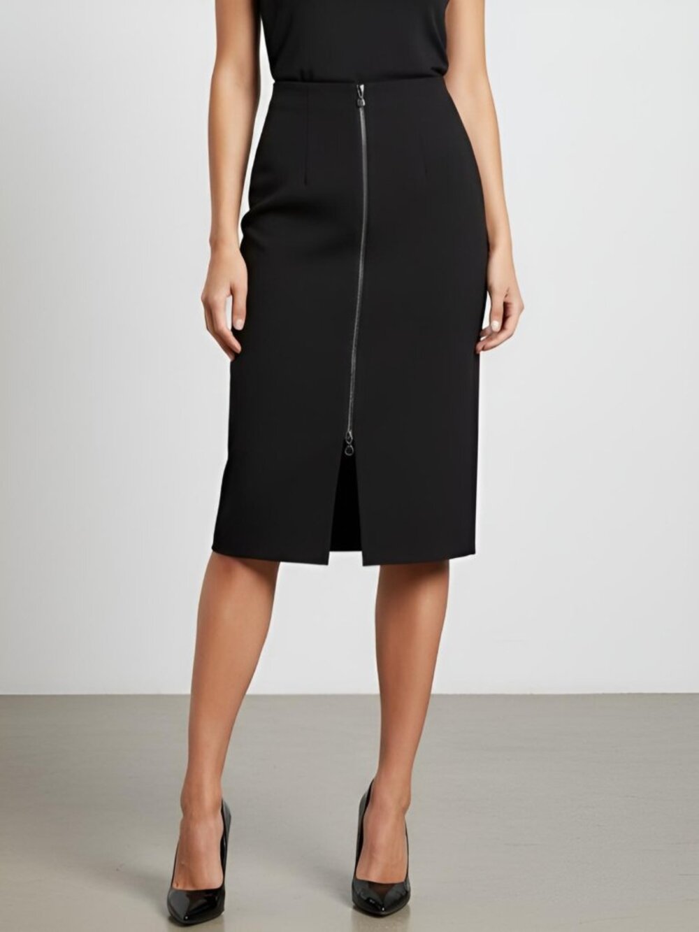 NWT Donna Karan Essentials Ponte Pencil Front Zip Midi Skirt Black M